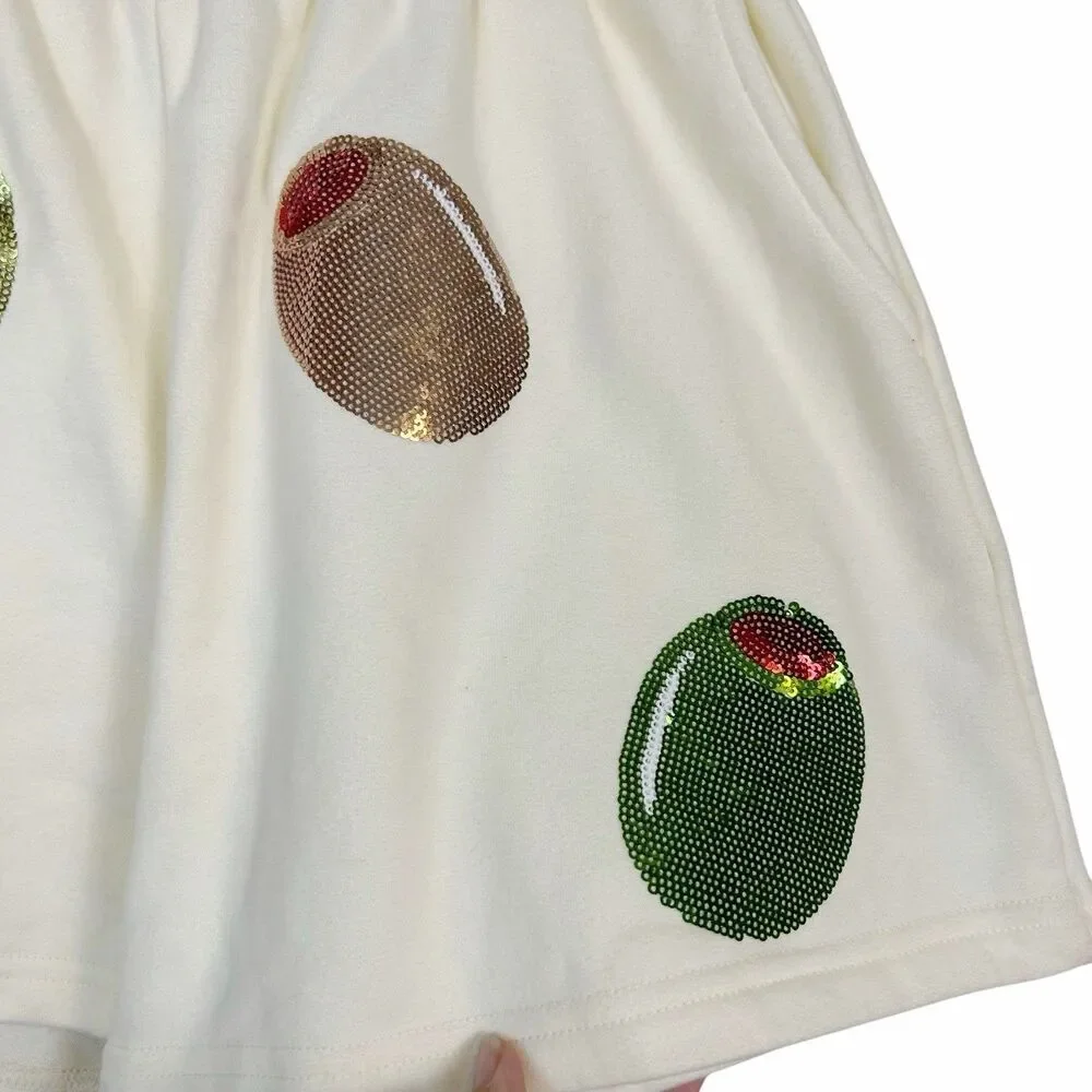 Queen Of Sparkles Allover Sequin Olive Print Martini Shorts Cream NWT Sz S